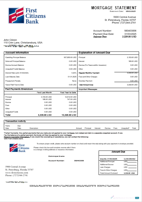 Download USA First Citizens bank mortgage statement in Word and PDF formats Photoshop template
